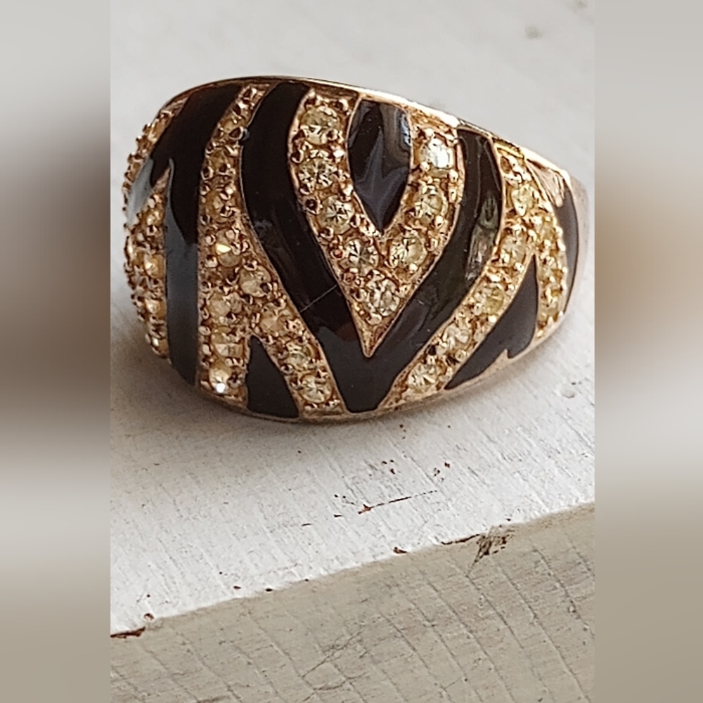 Vintage Ross+Simons Ring, 14k Gold Vermeil 925 Silver, Black Enamel & CZs